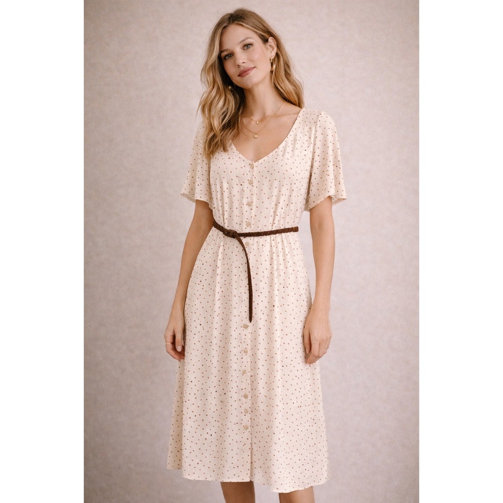 1.State Midi Dress Size 8 Button Down Beige Brown Polka Dot Puff Sleeve NEW